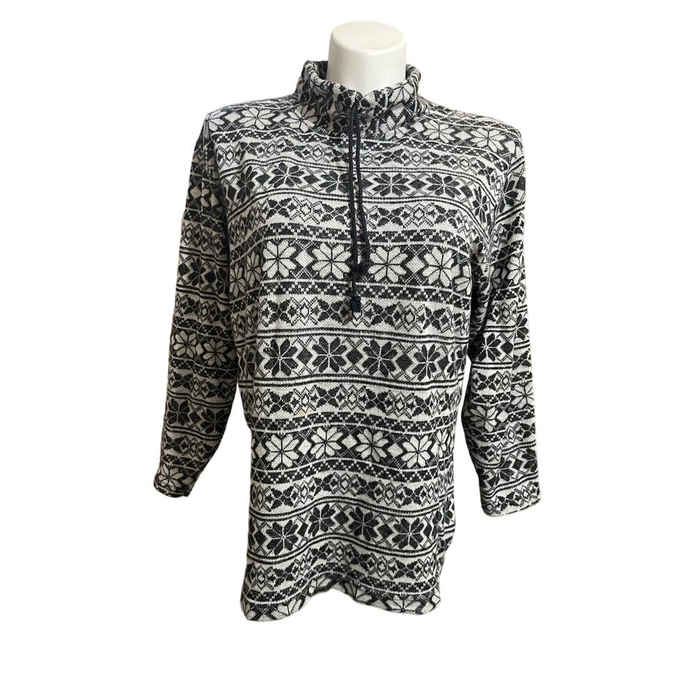 Vintage 90s Stefano International L Sweater Black & White Nordic Print Mock Neck